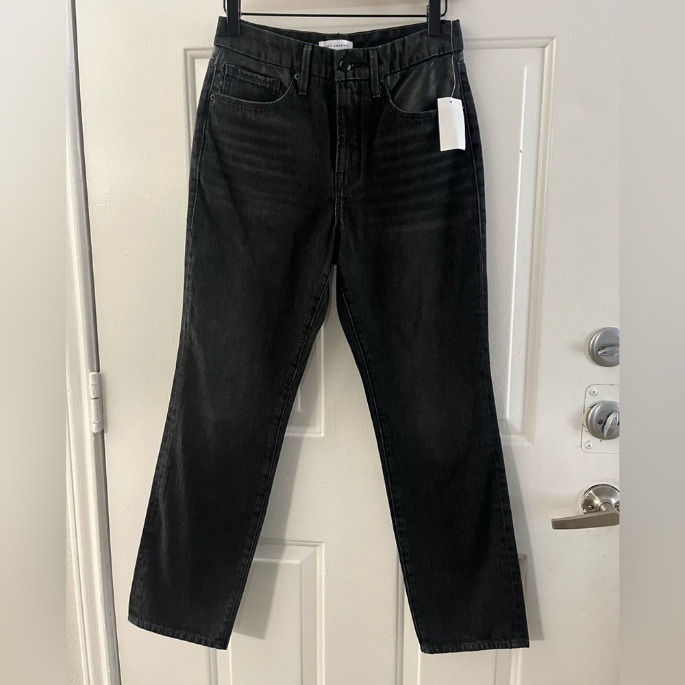 Good American Good Vintage Straight Jeans High Rise Leather Trim Black Size 2